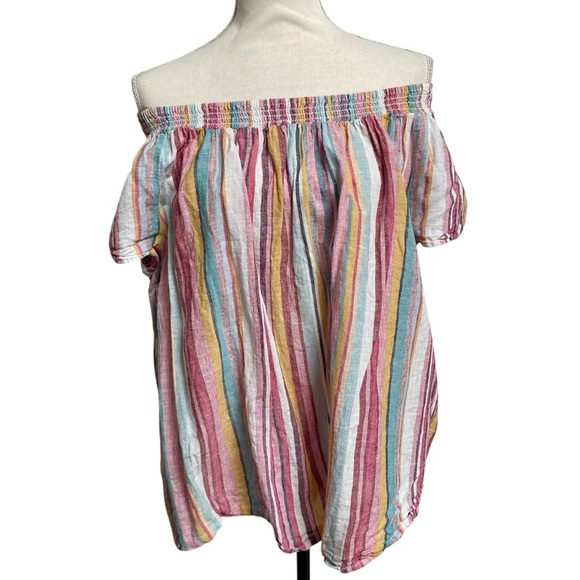 BeachLunchLounge Gayle Pastel Stripe Linen Cotton Off Shoulder Top 1X - Picture 4 of 11